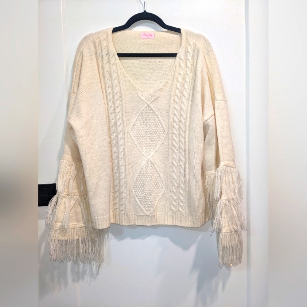 Medium, cream, sweater with fringe sleeves